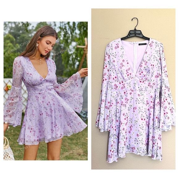 Floral Lavender Boho Bell Sleeve Mini Dress - Picture 1 of 13